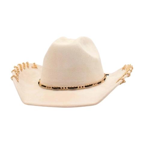 Vintage Western Cowboy Hat Suede Fedora With Gold Metal Chain Trim Fashion Performance Stage Prop Sun Hat For Women Men