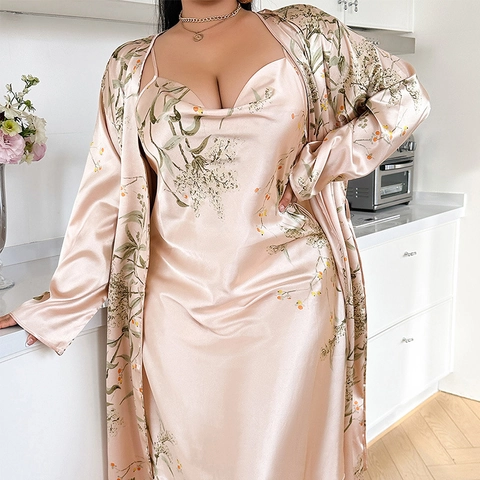 Women Elegant Floral Print Imitation Satin Satin Robe And Nightgown Sleepwear Loungewear V Neck Sleeveless Breathable Home Wear