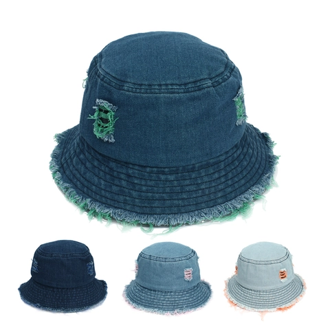 Cappello Bucket In Denim Distressed Con Bordi Sfilacciati Cotone Colorato Protezione Solare Streetwear Berretto Casual