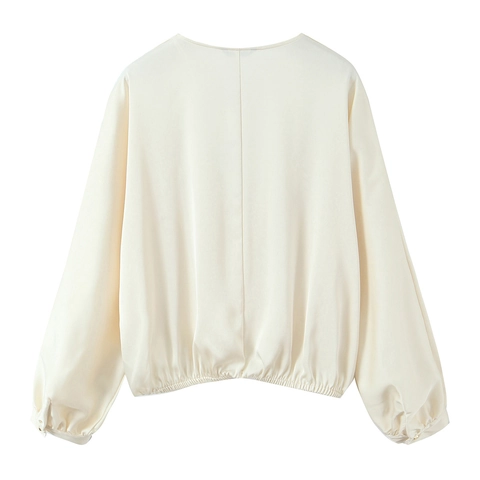 Blusa De Satén Para Mujer Textura De Satén Manga Larga Cuello En V Color Sólido Blanco Crema Top De Moda Casual Chic