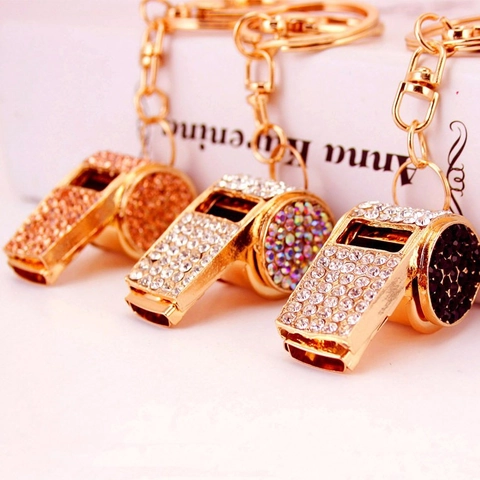 Rhinestone Whistle Keychain Zinc Alloy Metal Sports Whistle Bag Pendant Sparkling Crystal Keyring For Women Men Jewelry Gift