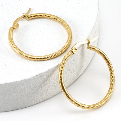 Threaded Texture Round Hoop Earrings Titanium Steel Gold Plated Personalized Geometric Fashion Jewelry For Women