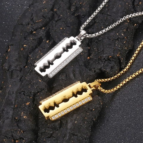 Men Razor Blade Pendant Necklace Stainless Steel Rhinestone Hip Hop Streetwear Punk Jewelry Gold Silver Tone