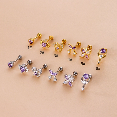 Purple Zircon Heart Bowknot Butterfly Cartilage Earring Studs Stainless Steel Double Headed Screw Piercing Jewelry