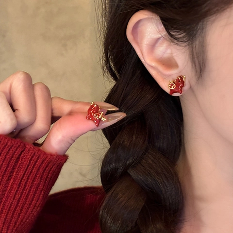 Red Enamel Little Horse Stud Earrings With Gold Plated Copper And Silver Earring Post Festive Lucky Jewelry For Women