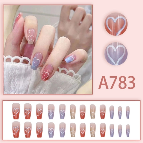Süße Press On Nägel Pink Lila Blau Farbverlauf Herz Stern Muster Lange Sarg Falsche Nägel Mit Kleber Für Frauen Elegant