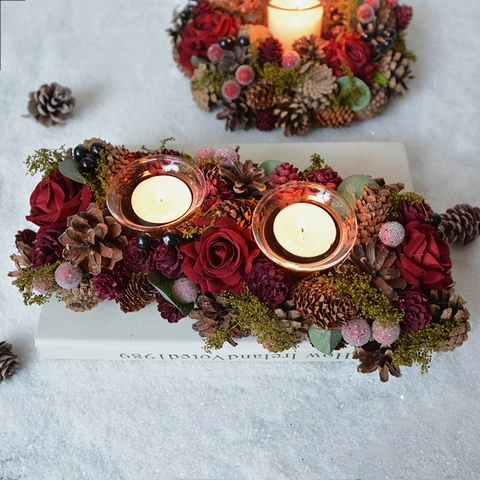 Christmas Pine Cone Candle Holder Wreath Vintage Rose Berry Centerpiece Desktop Decor Glass Cup For Holiday Table
