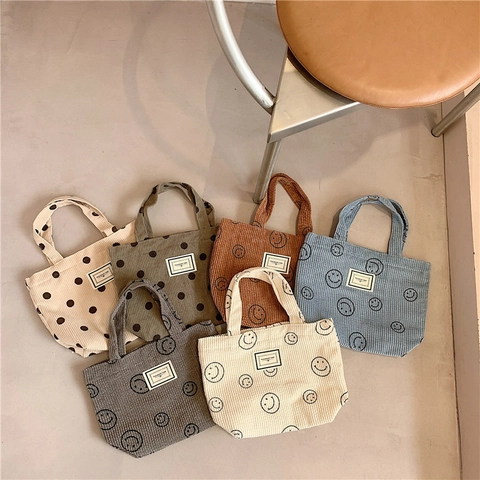 Sac À Main Fourre-Tout En Velours Côtelé Femme Style Japonais Vintage Motif Sourire Pois Fleur