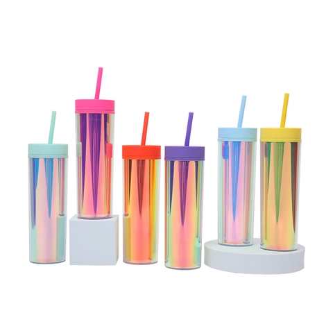 Double Wall Plastic Tumbler With Lid And Straw Iridescent Holographic Colorful Portable Drinkware For Office Home