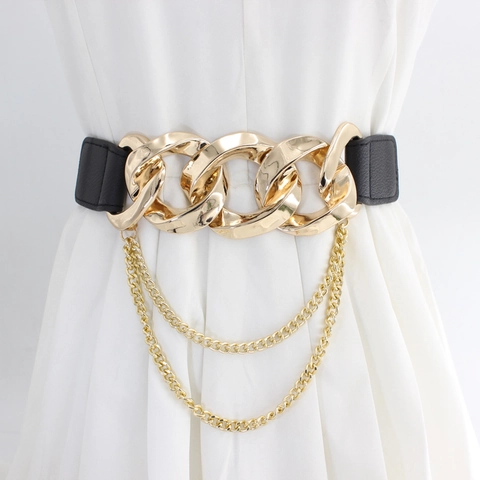 Damen Mode Elastischer Korsettgürtel PU Leder Mit Metallketten Quaste Punk Stil Kleid Taillengürtel