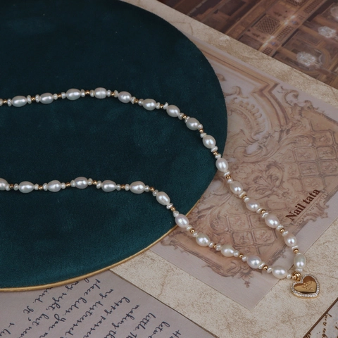 Französische Vintage Süßwasserperle Herz Anhänger Halskette Vergoldetes Kupfer Krone Strass Choker Für Damen Original Schmuck
