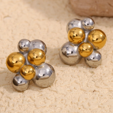Geometrische Cluster Perlen Ohrstecker Zweifarbig 18K Vergoldet Edelstahl Traubenform Eleganter Schmuck Für Damen