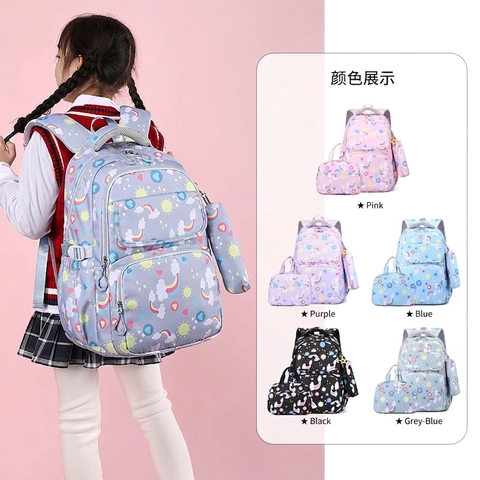 Backpack With Lunch Bag And Pencil Case Waterproof Oxford Cloth Spine Protection Cartoon Rainbow Print For School Kids