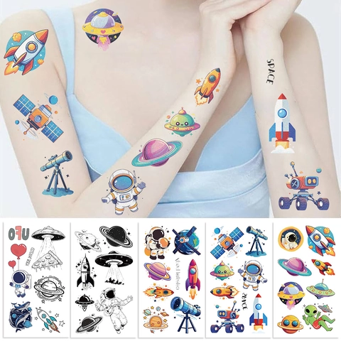 Space Astronaut Temporary Tattoo Stickers Waterproof Cartoon Rocket Planet UFO Party Favors For Kids Boys Girls