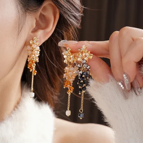 Flower Tassel Drop Earrings Alloy Rhinestone Glass Beads With Silver Earring Post Vintage Elegant Jewelry For Women