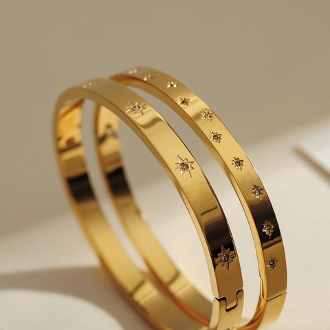 316L Edelstahl Sternenmuster Armreif Gold Silber Plattiert Strass Eingelegt Mode Manschettenarmband Für Frauen Schmuck Geschenk