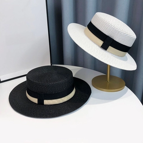 Cappello di Paglia Boater Stile Hepburn Francese per Donna Retrò Nastro a Contrasto Cupola Piatta Cappello da Sole Tesa Larga