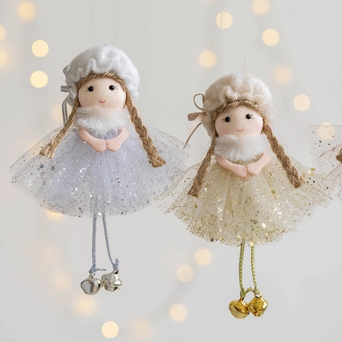 Bambola Angelo Di Natale Ornamento Appeso Gonna In Rete Con Paillettes E Campanelli In Metallo Decorazione Per Albero Peluche