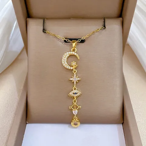 Evil Eye Stern Mond Anhänger Halskette Titanstahlkette Kupfer Mikro Pave Zirkonia Böhmischer Eleganter Schmuck Für Damen