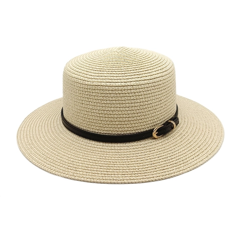 Boater Straw Hat Women Flat Top Wide Brim Sun Protection Summer Beach Holiday Woven Breathable PU Leather Band Buckle