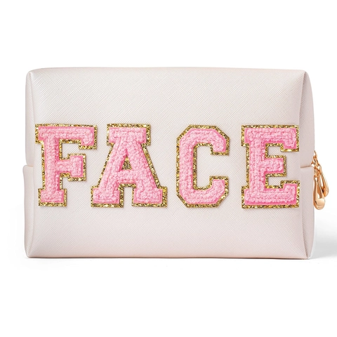 Borsa da Trucco in Pelle PU Impermeabile Con Toppa Lettera in Ciniglia Cerniera Dorata Borsa da Toilette Per Viaggio Donna Custodia Per Cosmetici