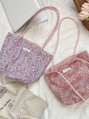 Women Floral Bucket Tote Bag Polyester Canvas Portable Handbag Casual Sweet Shoulder Bag