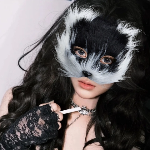 Kunstpelz Tier Maske Halloween Cosplay Masquerade Party Halbgesicht Katze Fuchs Wolf Plüsch Kunststoff Realistisch Für Damen