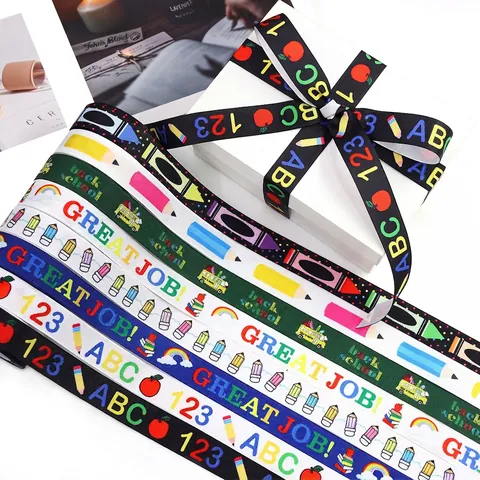 Back To School Bedrucktes Ripsband Polyester DIY Haarschleifen Geschenkverpackung Schule Thema ABC Bleistift Muster Nähen