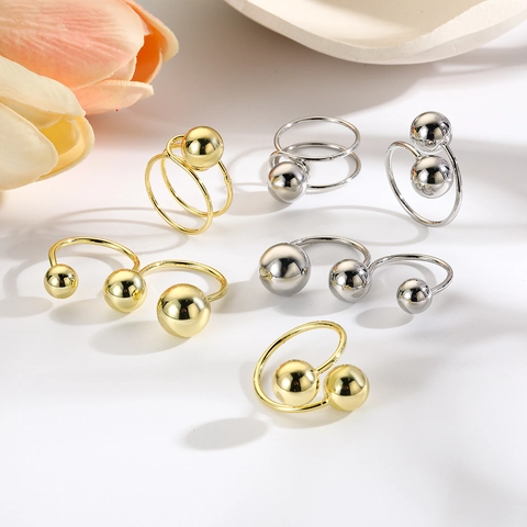 Anello Aperto in Rame con Sfera Cava Placcato Oro 18K Minimalista Doppio Strato Geometrico per Donna Gioielli Personalizzati