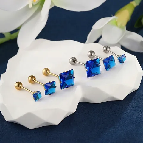Pendientes De Acero Inoxidable Circonita Cúbica Cuadrada Con Cierre De Rosca Azul Rojo Piedra Preciosa Sintética