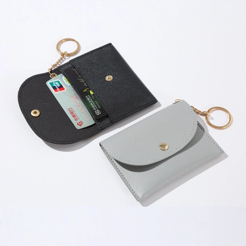 Women Mini Wallet Card Holder PU Leather Envelope Style With Key Ring Gold Snap Button Zipper Pocket Minimalist Solid Color