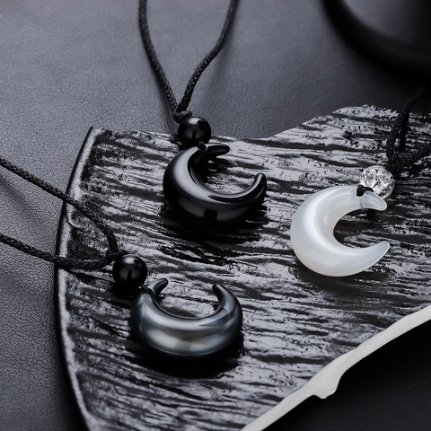 Crescent Moon Pendant Necklace Hand Woven Cord Resin Stone Style Minimalist Jewelry Unisex Versatile Accessories
