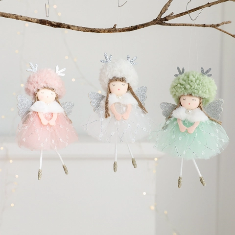 Christmas Angel Plush Pendant Mesh Sequin Fairy Doll Hanging Decor With Antler Wings For Holiday Tree Home Party Gift