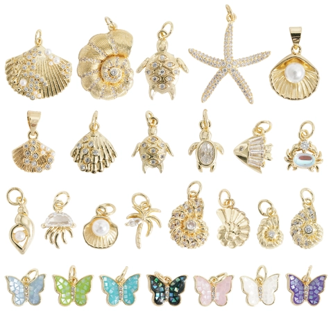 Ocean Life Shell Sea Turtle Butterfly Charms Pendants For DIY Jewelry Making Copper Brass With Rhinestone Artificial Pearl