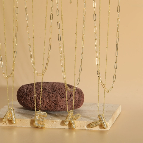 Collier Pendentif Lettre Initiale En Cuivre Double Couche Plaque Or Zirconium Chaîne De Clavicule Pour Femmes