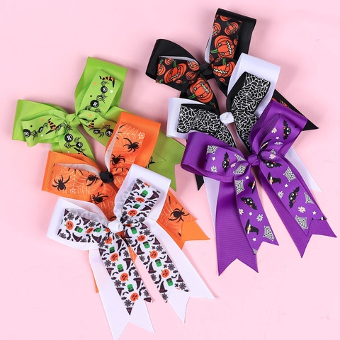Noeuds Cheveux Halloween Enfants Ruban Grosgrain Pinces À Bec De Canard Imprimé Citrouille Toile Araignée Filles Accessoires