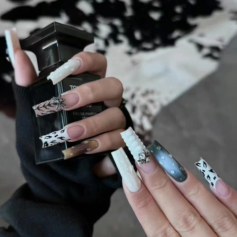 Halloween Spider Press On Nails 3D Alloy Rhinestone Water Drops Long Coffin Fake Nails Gothic Punk Leopard Print