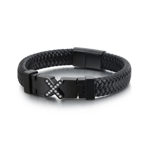 Bracciale In Pelle Intrecciata Con Ciondolo Croce X In Acciaio Inossidabile Zirconia Chiusura Magnetica Gioielli Punk Da Uomo