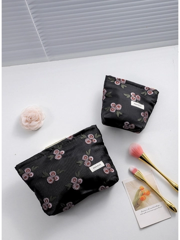 Floral Embroidery Makeup Bag Jacquard Cotton Canvas Cosmetic Pouch Zipper Storage Case Elegant Travel Organizer For Women