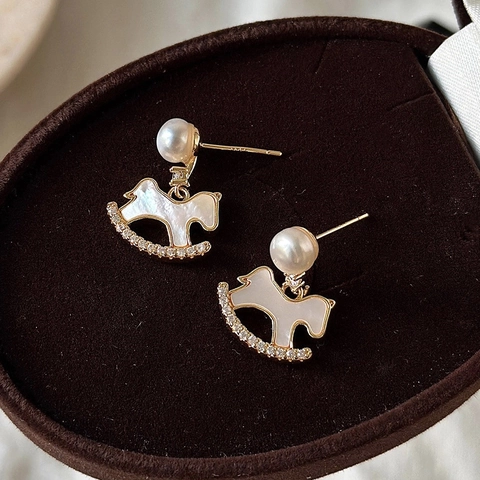 Orecchini Pendenti Cavallo A Dondolo Con Künstliche Perle Sintetiche Zircone Lega E Perno In Argento Sterling 925 Gioielli Eleganti