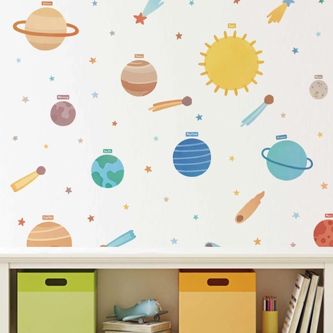 Solar System Planets Wall Stickers PVC Educational Space Decals For Kids Bedroom Nursery Room Decor Cartoon