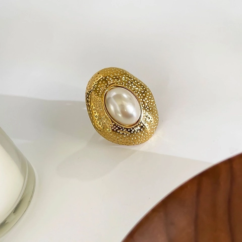 Vintage 18K Gold Plated 316L Stainless Steel Ring With Imitation Artificial Pearl Zircon Purple Enamel Geometric Style For Women
