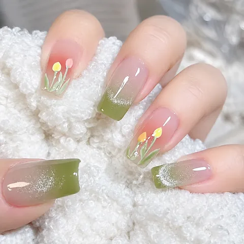 Handgemaakte 3D Tulp Kunstnagels Groen Kattenoog Kleurverloop Herbruikbare Luxe Fake Nails Bloemen Franse Stijl Voor Dames