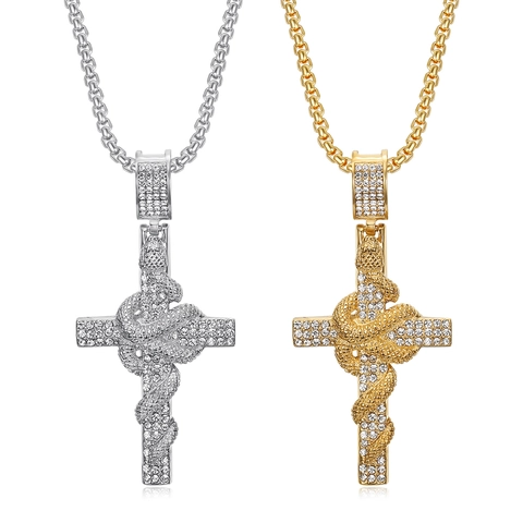 Collar con Colgante de Cruz y Serpiente de Acero Inoxidable Hip Hop Color Oro Plata Strass Joyas Colgante Solo o Cadena para Hombre Mujer