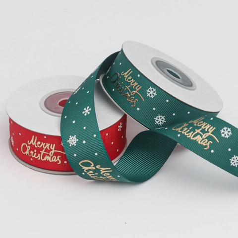 Christmas Grosgrain Ribbon Polyester Gold Stamping Merry Christmas Print Snowflake Polka Dot For Gift Wrapping DIY Craft Holiday Decor