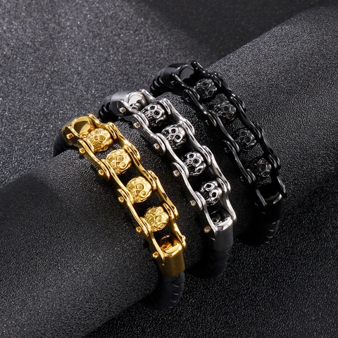 Pulsera De Hombre Punk Calavera Acero De Titanio Cuero Trenzado Única Pulsera De Motocicleta Con Cierre Magnético