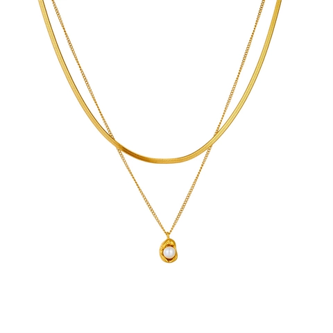 Collar De Doble Capa Color Oro Acero Inoxidable Cadena De Serpiente Plana Colgante De Perla Artificial Irregular Joyería Elegante Para Mujer