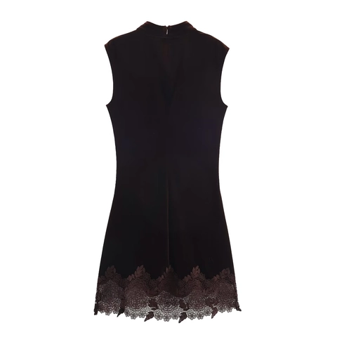 Abito Mini Senza Maniche In Velluto Con Bordo In Pizzo Collo Alto Arricciato Elegante Marrone Per Donne