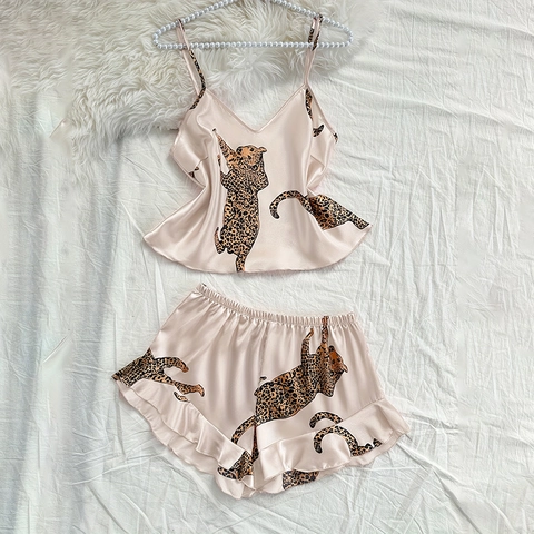 Dames Luipaardprint Pyjama Imitatie Satijn Satijn Cami Top En Shorts Met Ruches Mouwloze V-Hals Nachtkleding