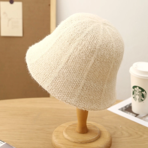 Women Knitted Bucket Hat Plush Warm Waffle Pattern Dome Solid Color Autumn Winter Soft Outdoor Cloche Cap